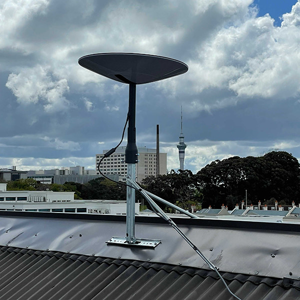 starlink dish installed on corrugated iron roof with custom stand in auckland